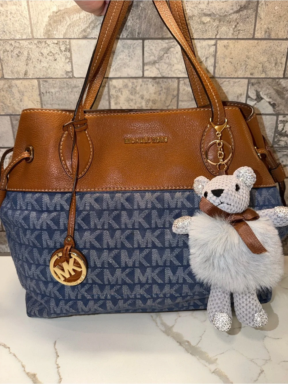 Michael Kors Denim MK Logo Canvas and Brown Leather Shoulder Bag